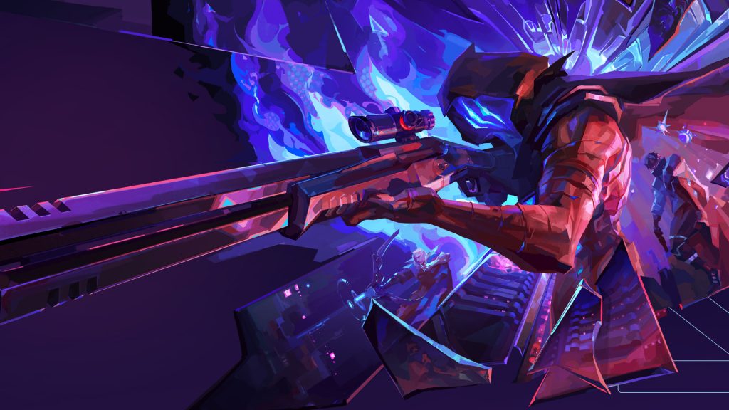 Omen de Valorant, tenant un fusil de sniper et entouré d'une aura bleue