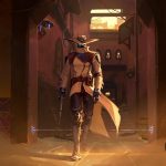 Personnage en costume de cowboy futuriste marchant dans une ruelle au coucher du soleil