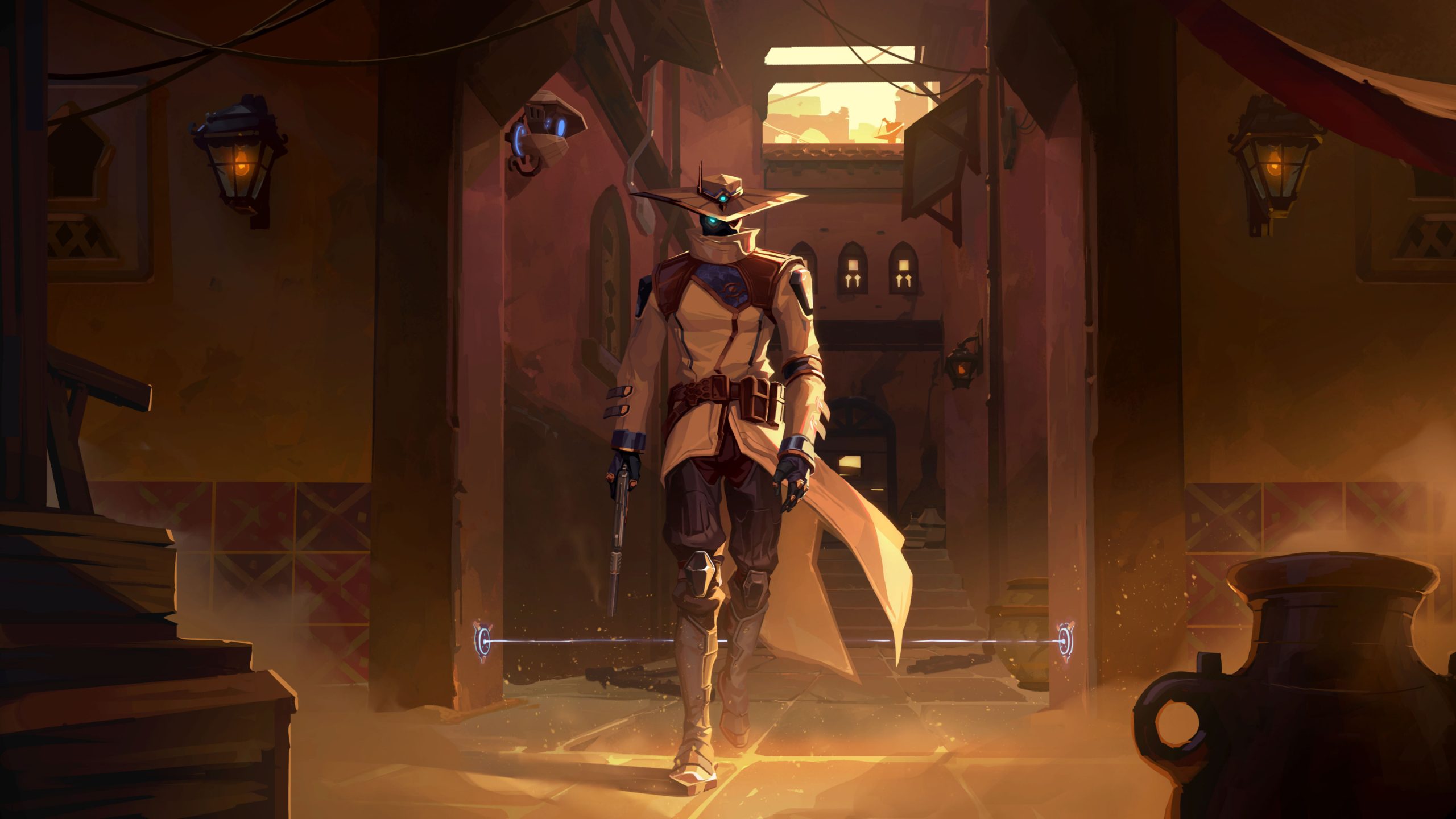 Personnage en costume de cowboy futuriste marchant dans une ruelle au coucher du soleil